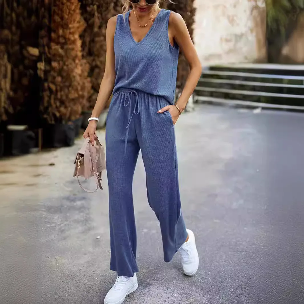 Knitted Ribbed Women's Suit Casual Vest Top Trousers Two-piece Sleeveless Fashion Casual Suit Sportswear Suit Women's Clothing