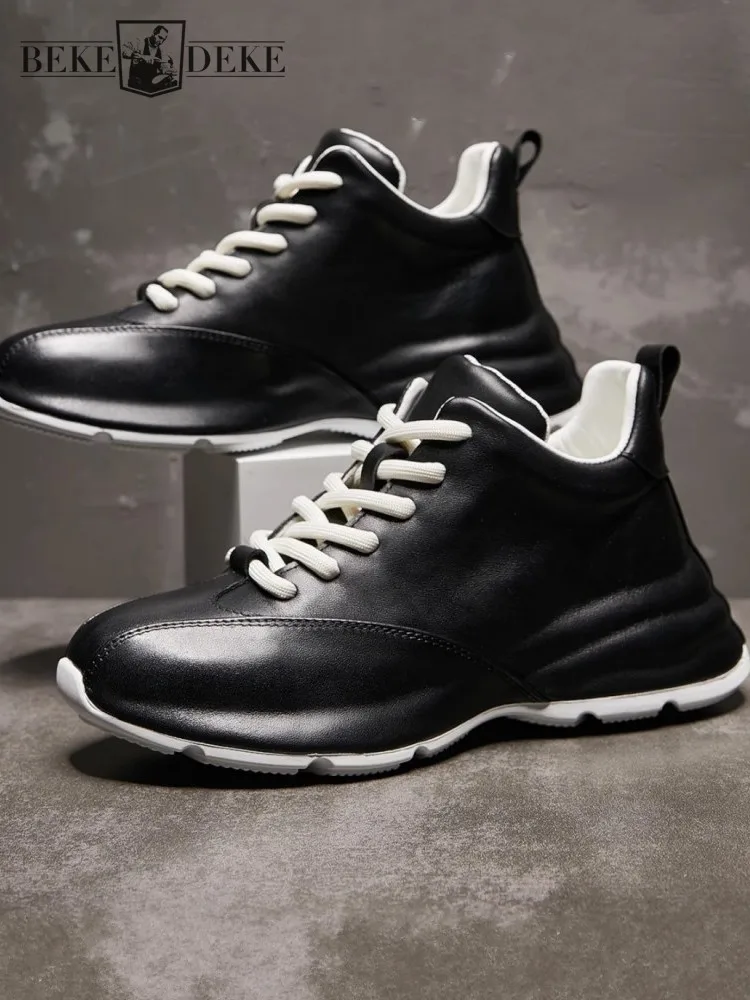 

Mens High Top Shoes Platform Breathable Office Footwear New Genuine Leather Round Toe Non Slip Lace Up Casual Designer Sneakers