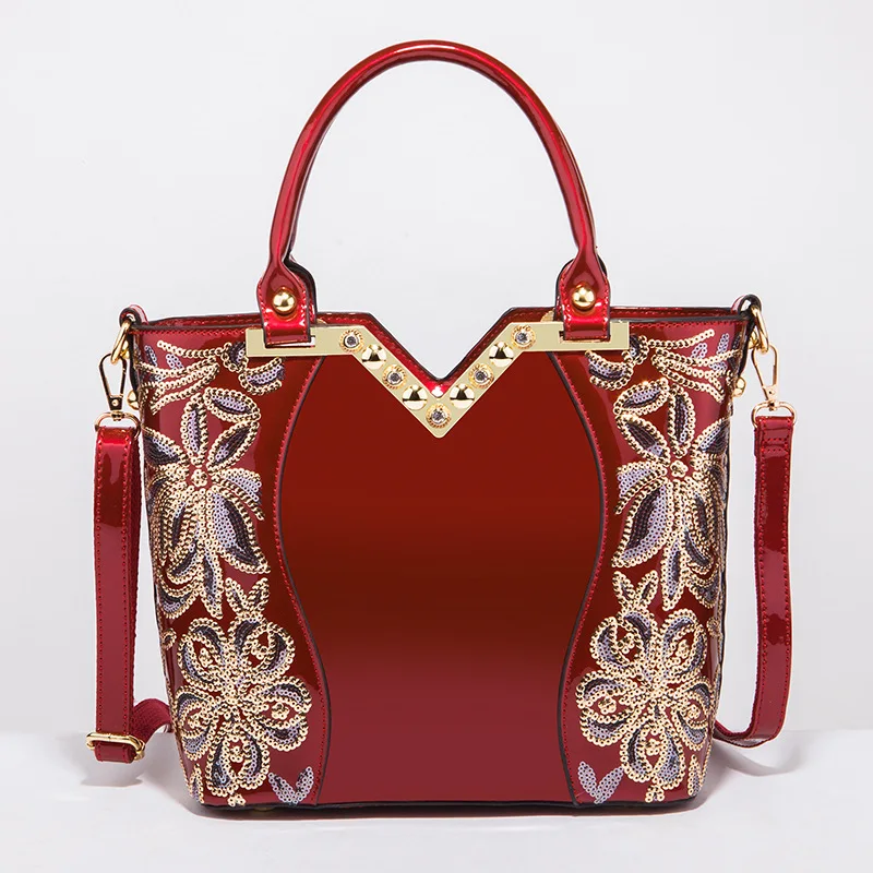 AMELISH Luxury Bag for Women 2024 High Quality Patent Leather Flower Embroidery Diamond Tote Handbag Fashion Female Shoulder Bag