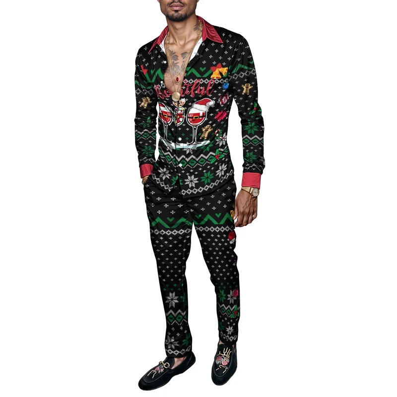 

Весенне-летний мужской комплект рубашек с рождественским принтом, модный пряничный комплект из 2 предметов, мужской легкий праздничный комплект со снеговиком и длинным рукавом, Ropa Hombre