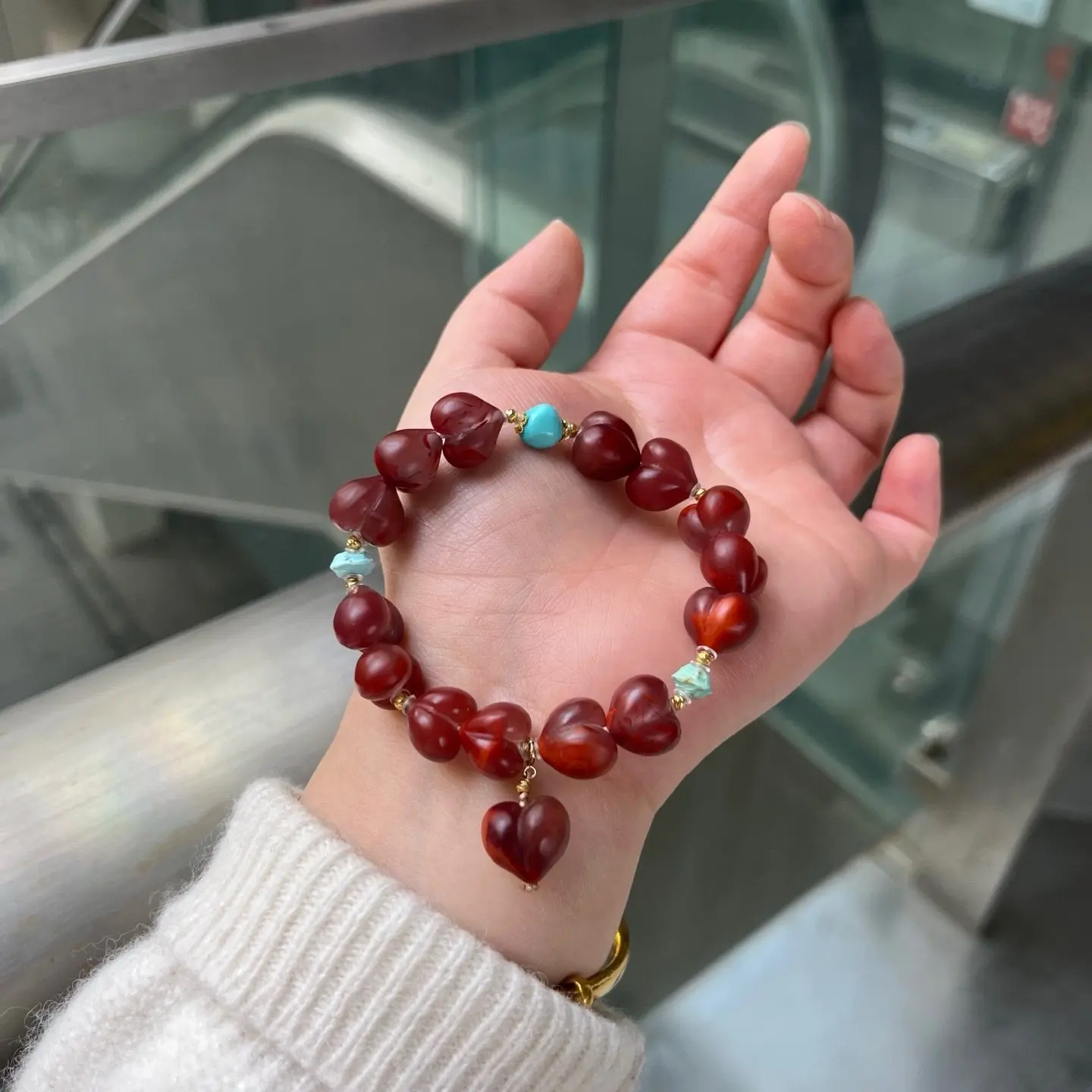 Natural Deep Red Agate Flame Pattern Heart Bracelet, Single Strand with Turquoise, 18K Gold Accent Gemstone Jewelry Gift
