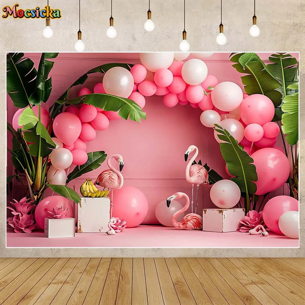Mocsicka-خلفية تصوير للأطفال ، جدار وردي وقوس أرضي ، بالونات ، فلامنغو ، أوراق النخيل ، خلفيات صور للأطفال ، مستلزمات تصوير الصور