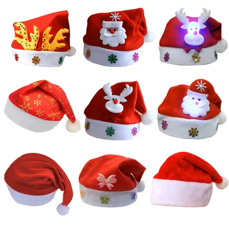 2024 Cute Christmas Hat Kids/Adults Red Non-woven Plush Cap Led Light Santa\'s Hat For Home Office Bar Christmas Party Decoration