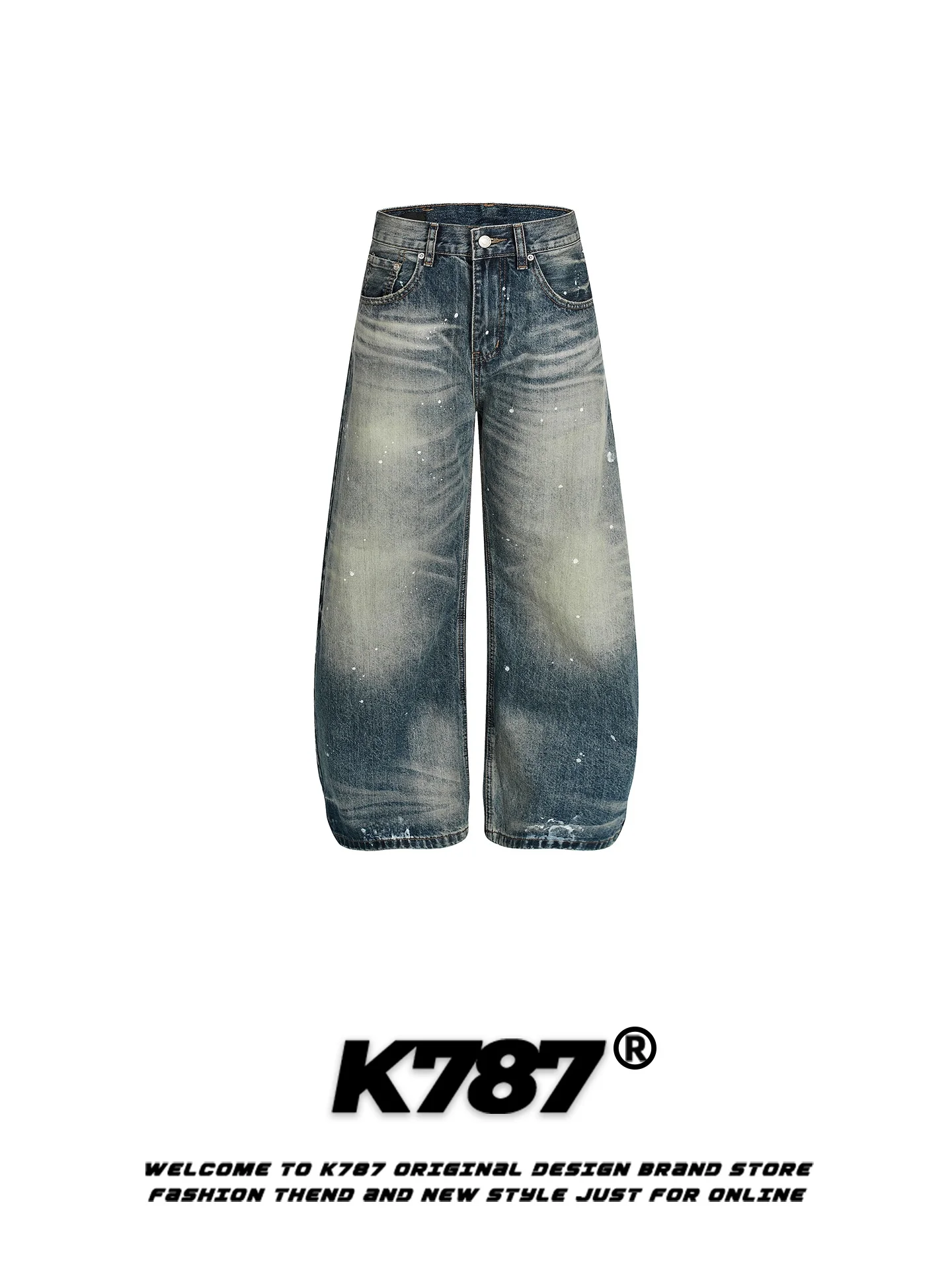 

K787 American Retro Jeans Men's Loose High Waist Wide Leg Casual Pants Cotton Polyester Blend Non-Stretch Straight Leg