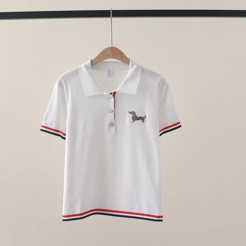 Summer new TB college style polo collar with embroidered cuffs and woven ribbon in color blocking short sleeved ice silk t-shirt