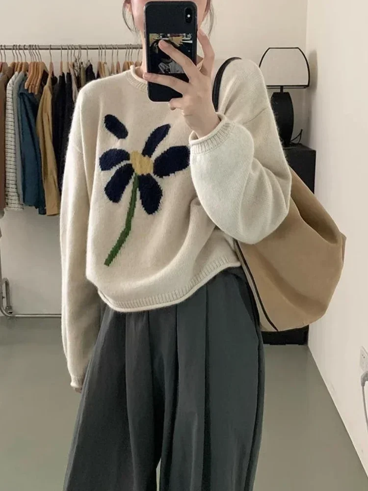 

Sueter Mujer винтажные пуловеры с цветочным принтом для женщин, корейская осенне-зимняя одежда, модные свободные вязаные свитера, топы, Pull Femme