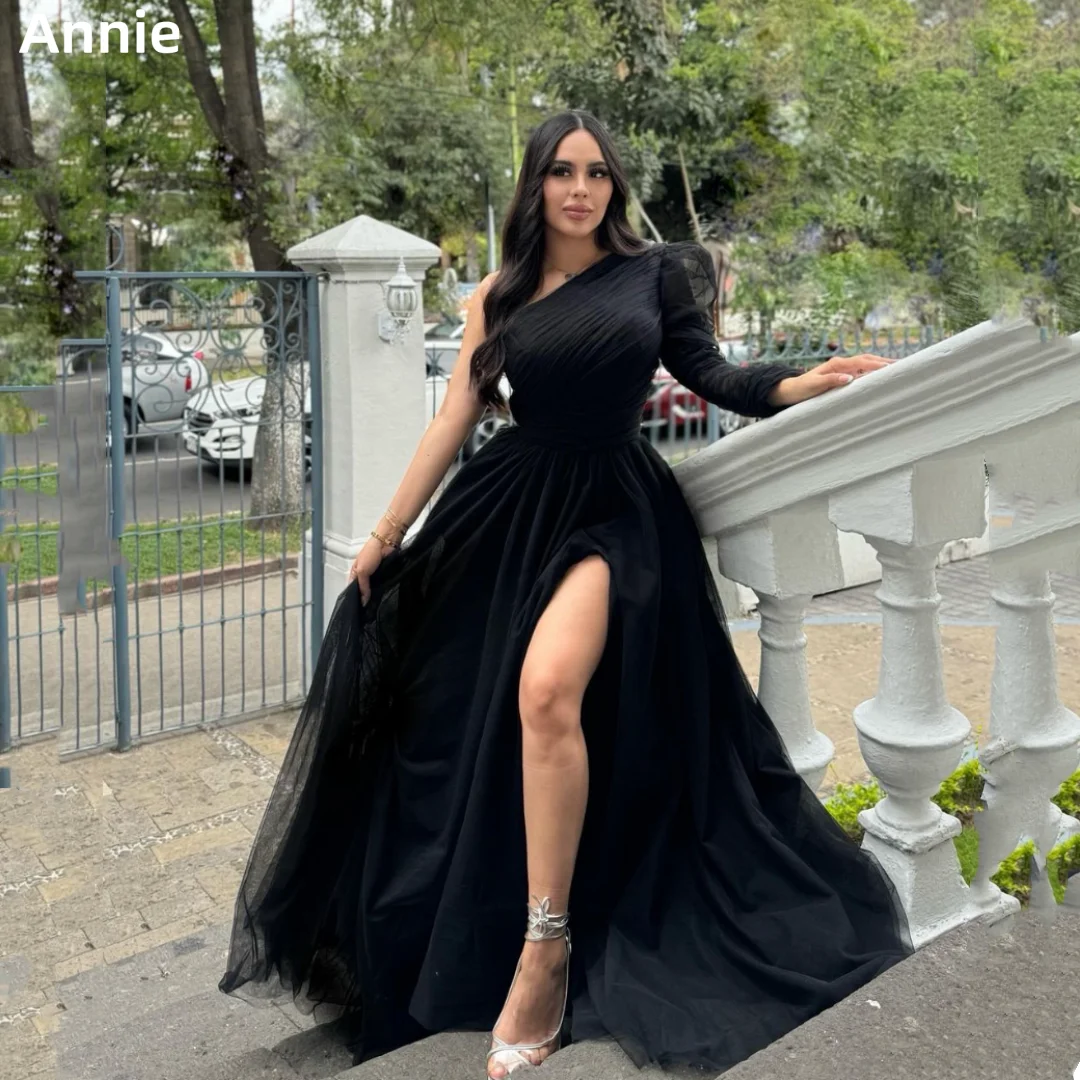 Annie Black Wedding Dress Long Sleeves One Shoulder Prom Dresses Elegant Lady With Tulle Side Slit Evening Dresses Customized