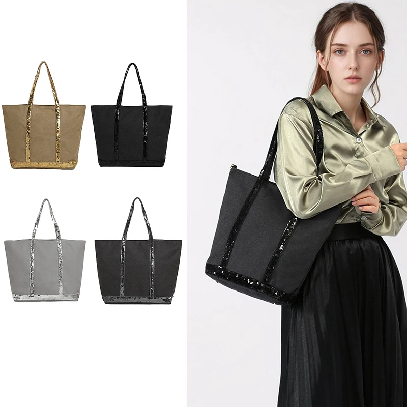 

（Summer6）Vintage Fashion Canvas Sequin Tote Bag Large Capacity Shoulder Bag Versatile Commuting Handbag For Women Gifts