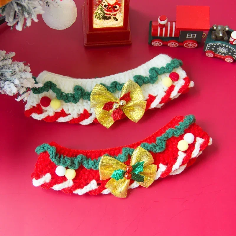 Cat Christmas Knitted Bandana Bib Collar Handmade Crochet Bib Dog Small Dog Cat Holiday Decoration Collar Jewelry