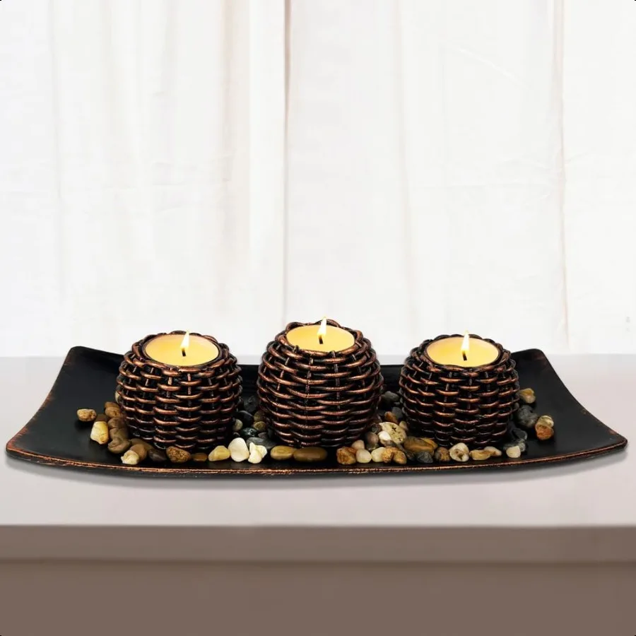 

Coffee Table Decor 3 Pieces Candle Holders with Tray and Rocks Centerpiece Table Decorations for Living Room Dining Room Bedroo