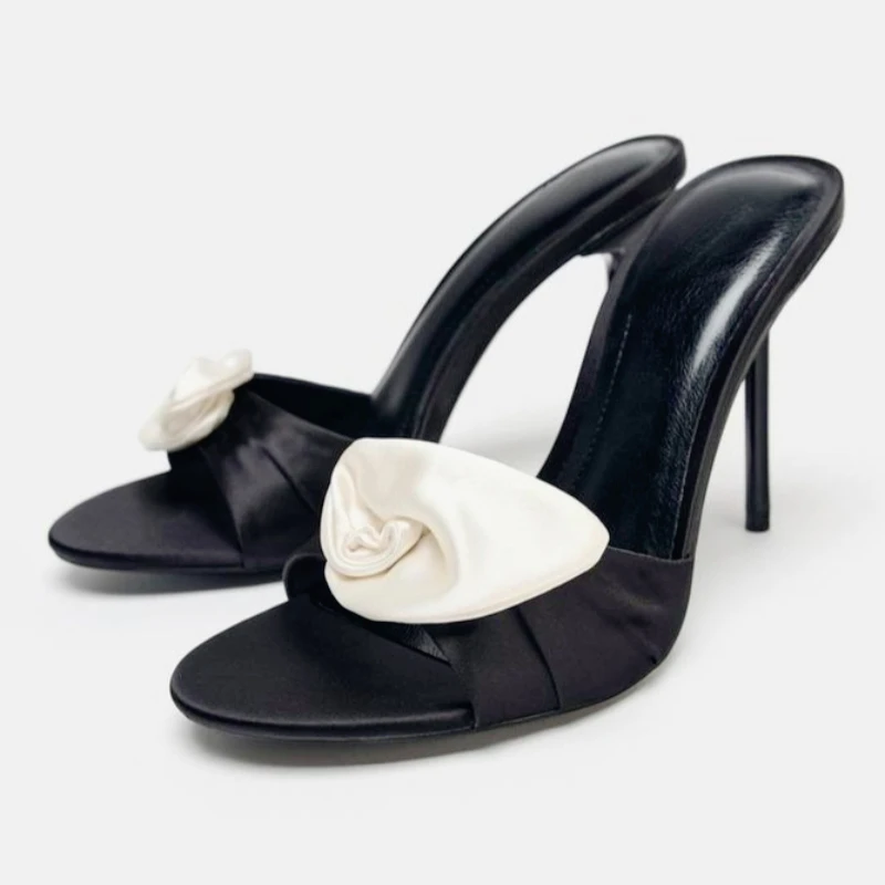 

Flower Decoration Satin Mules Slippers Women Cute Open Toe High Stiletto Heel Slide Sandals for Ladies Summer Elegant Party Shoe