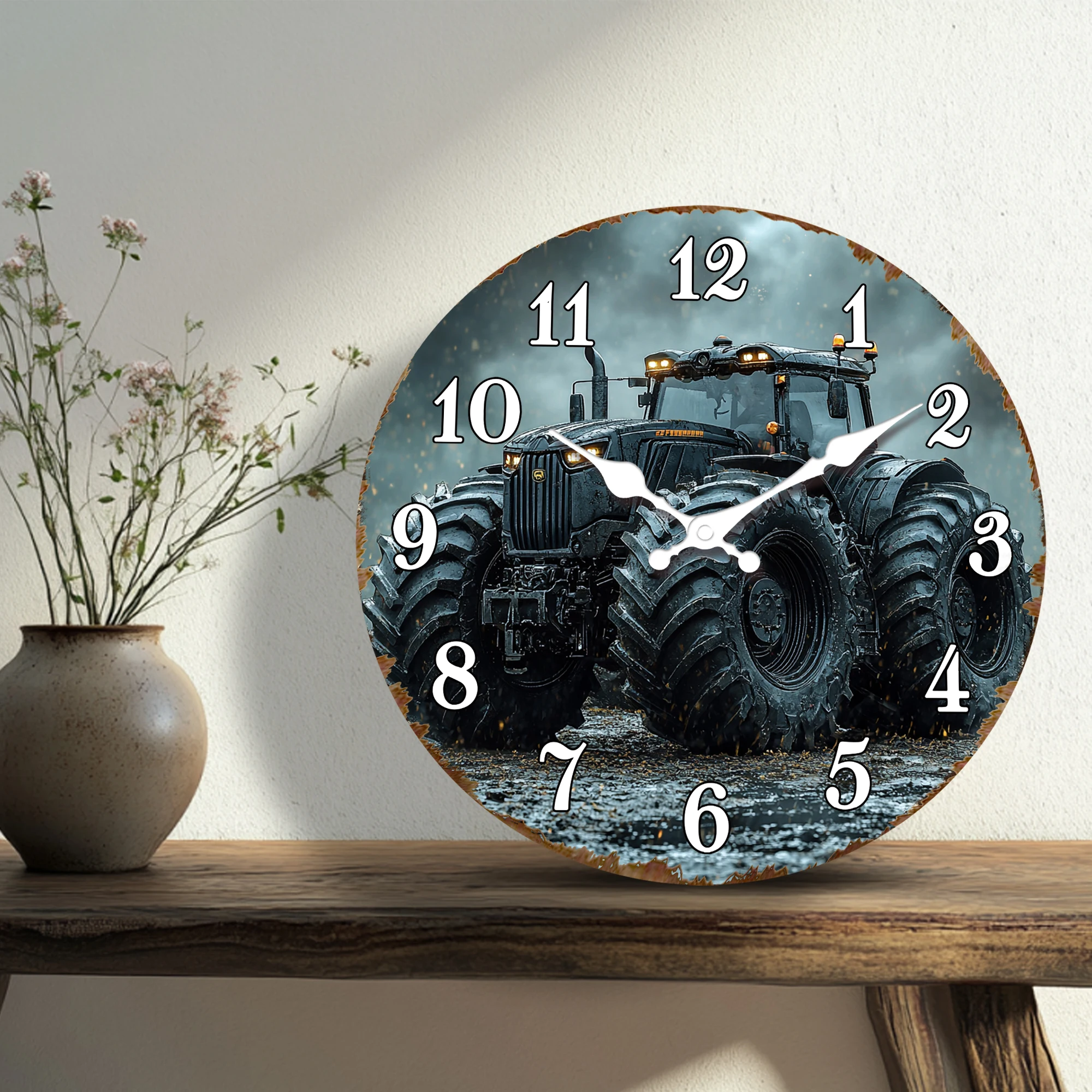Heavy Duty Tractor in Muddy Field Round Wall Clock, Farm Machinery Theme Decorative Silent Quartz Wall Clock for Garage Workshop