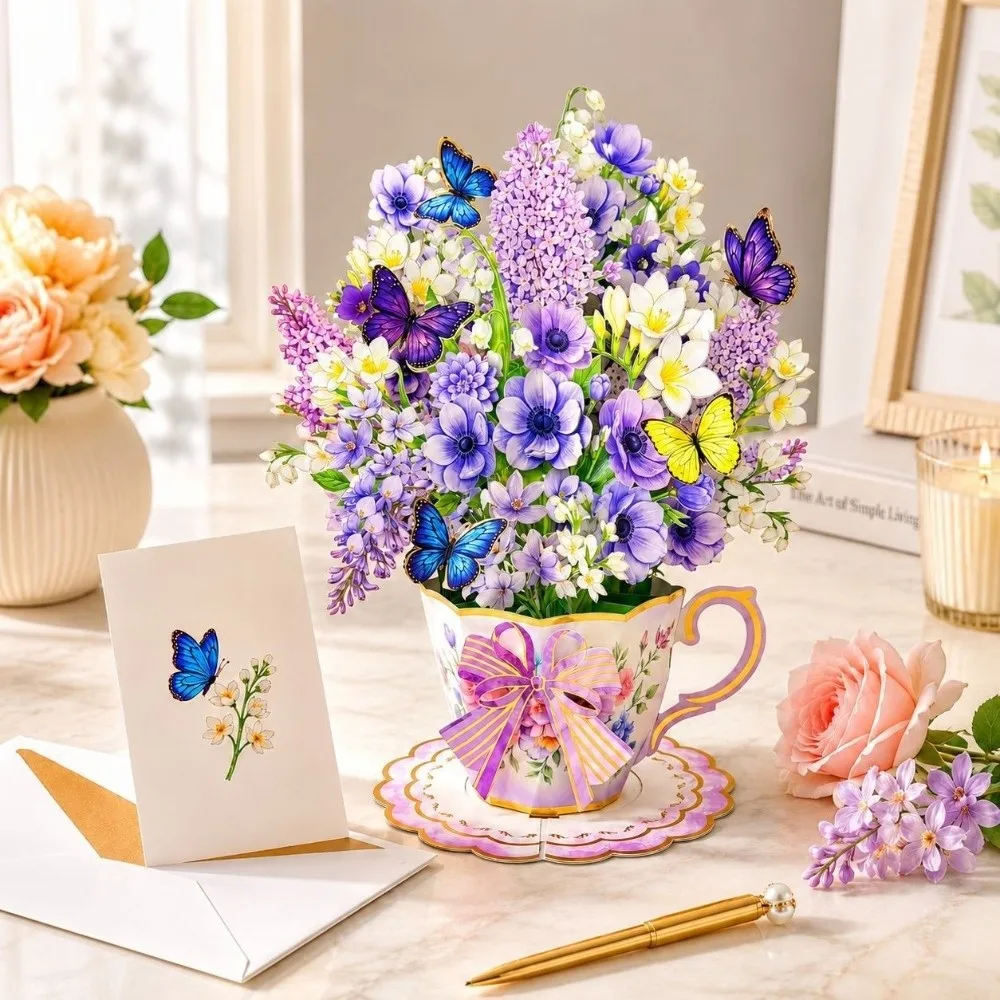 3D Pop Up Teacup Card Birthday Cards with Envelope & Message Note Flower Bouquet Card Surprise Best Wishes Pop Up Card