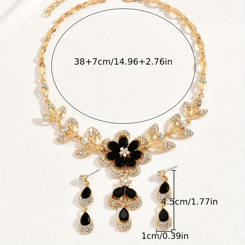 Vintage Luxury Zircon Black Droplet Flower Tassel Necklace Earrings Jewelry Set Elegant Women\'s Festival Banquet Accessories