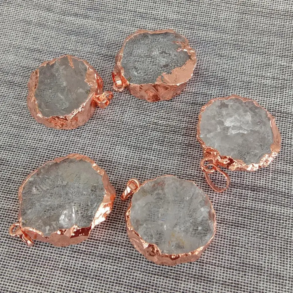 

5 Pcs Raw Crystal Quartz Pendant Charm Coin Shape Crystal Pendant Rose Gold Plated Jewelry