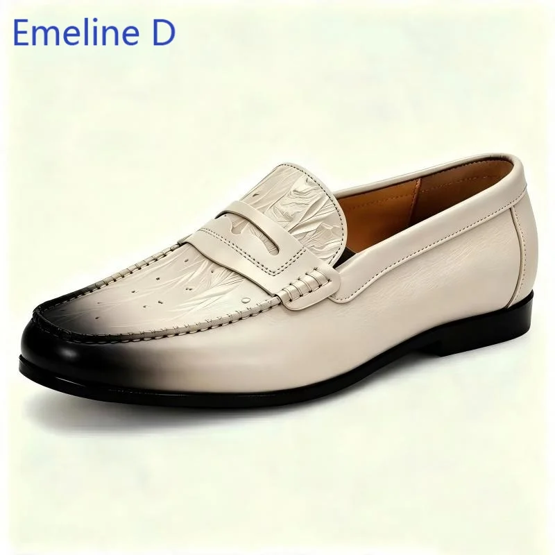Embossed Pattern Leather Loafers Hand Stitched Detailing Flat Outsole Minimalist Silhouette Office Daily Commute Formal Footwear