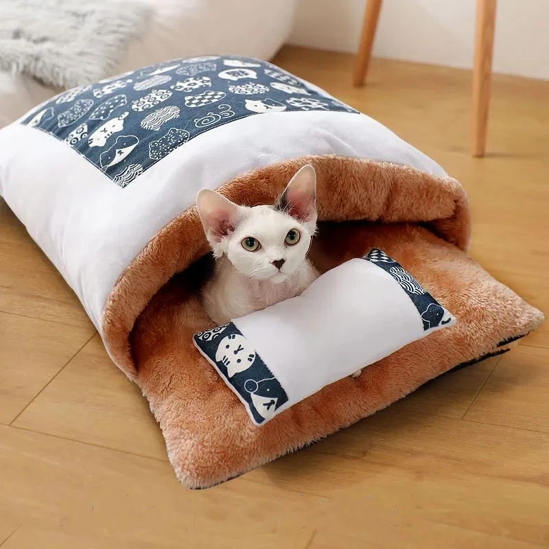 Cueva japonesa para dormir profundo para gatos y perros, saco de dormir cálido, casa extraíble para mascotas, cojín nido con almohada, invierno