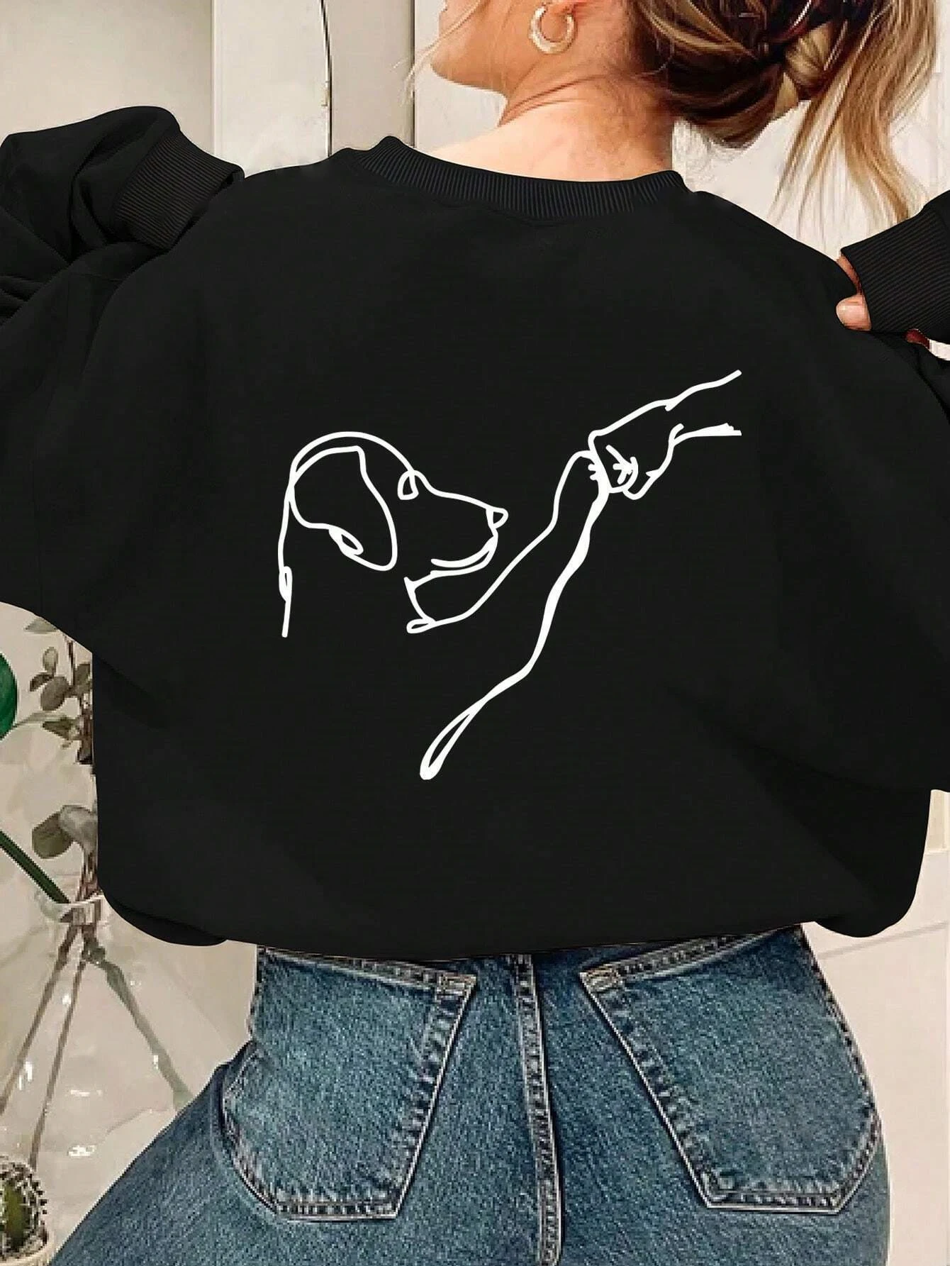 Dog Punch Print Women\'s Hatless Hoodie New Autumn/Winter Fashion Y2K Solid Color Sports Shirt O-Neck Coat Loose Long Sleeve Thin