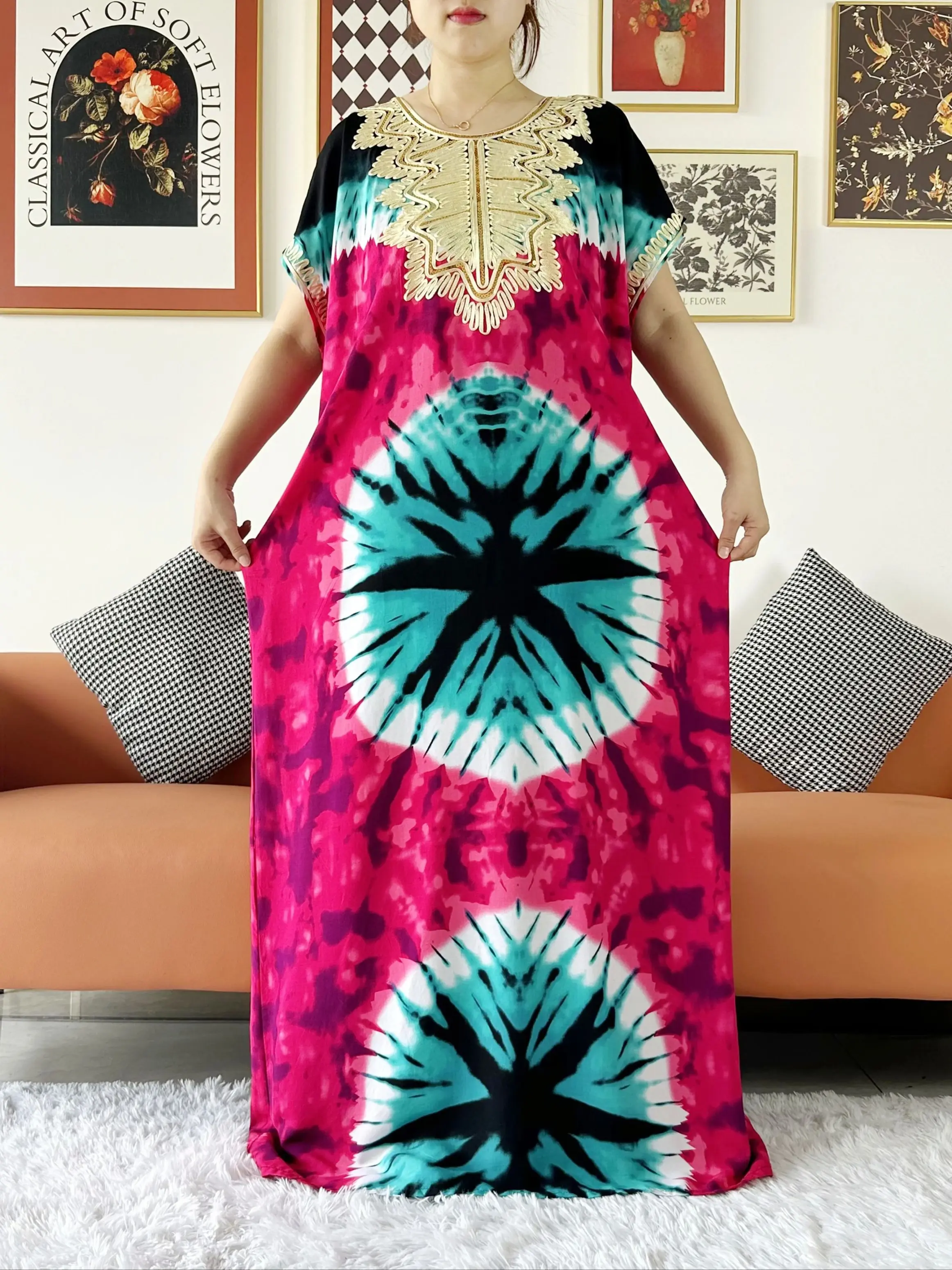 2024 Summer African Lady\'s Short Sleeve Abaya Dashiki Tie-dry Cotton Sequins Floral Printing Loose Caftan Dress Casual Vestido