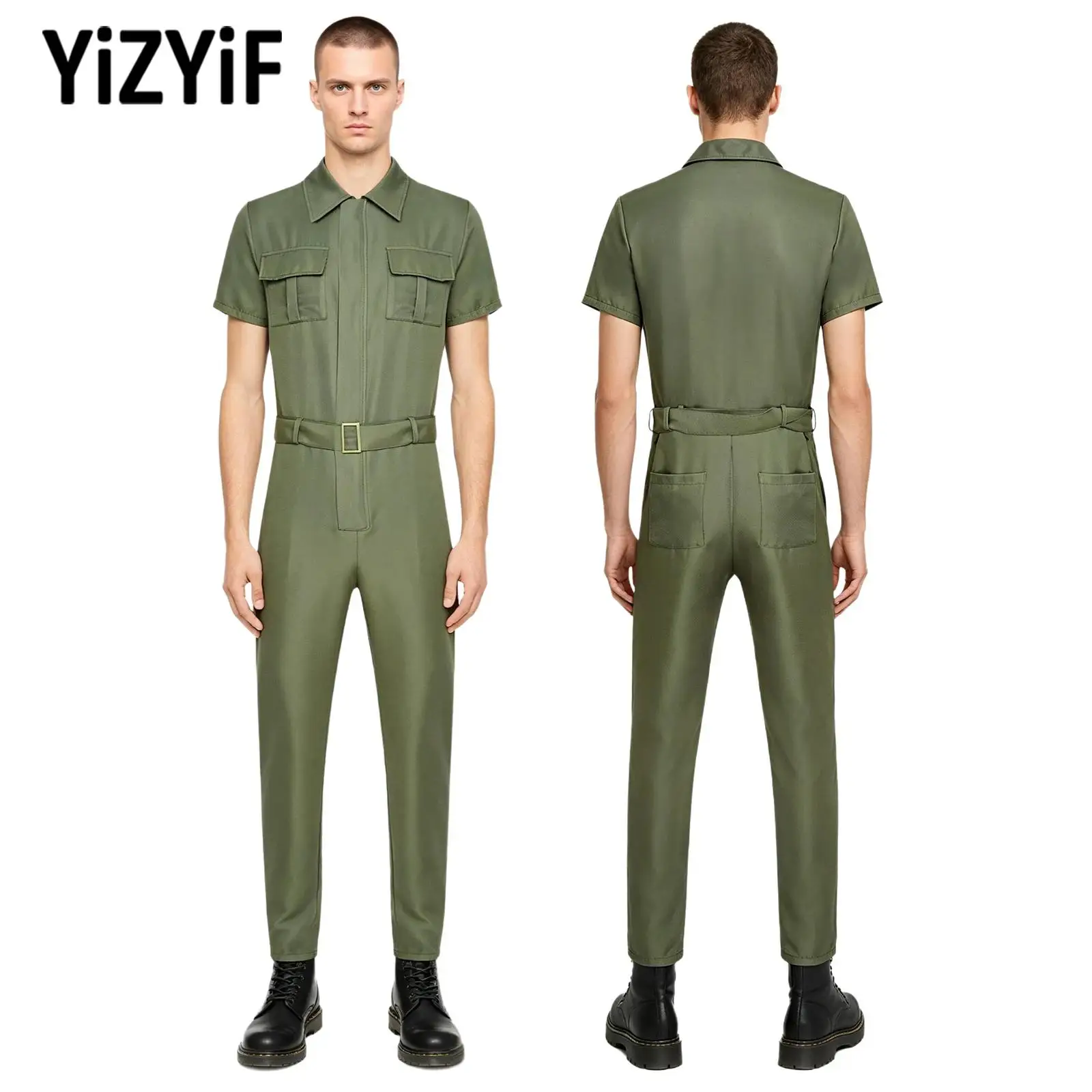 Men Cargo Jumpsuit Coverall Short Sleeve Turn Down Collar Front Zip Multiple Pockets Belt for Mechanic Work Construction