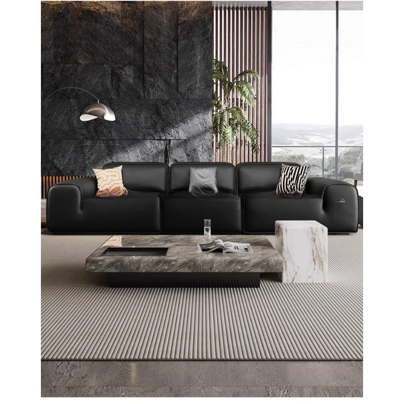 Italian big black cow sofa full leather modern living room straight row middle and ancient style first layer cowhide black tofu