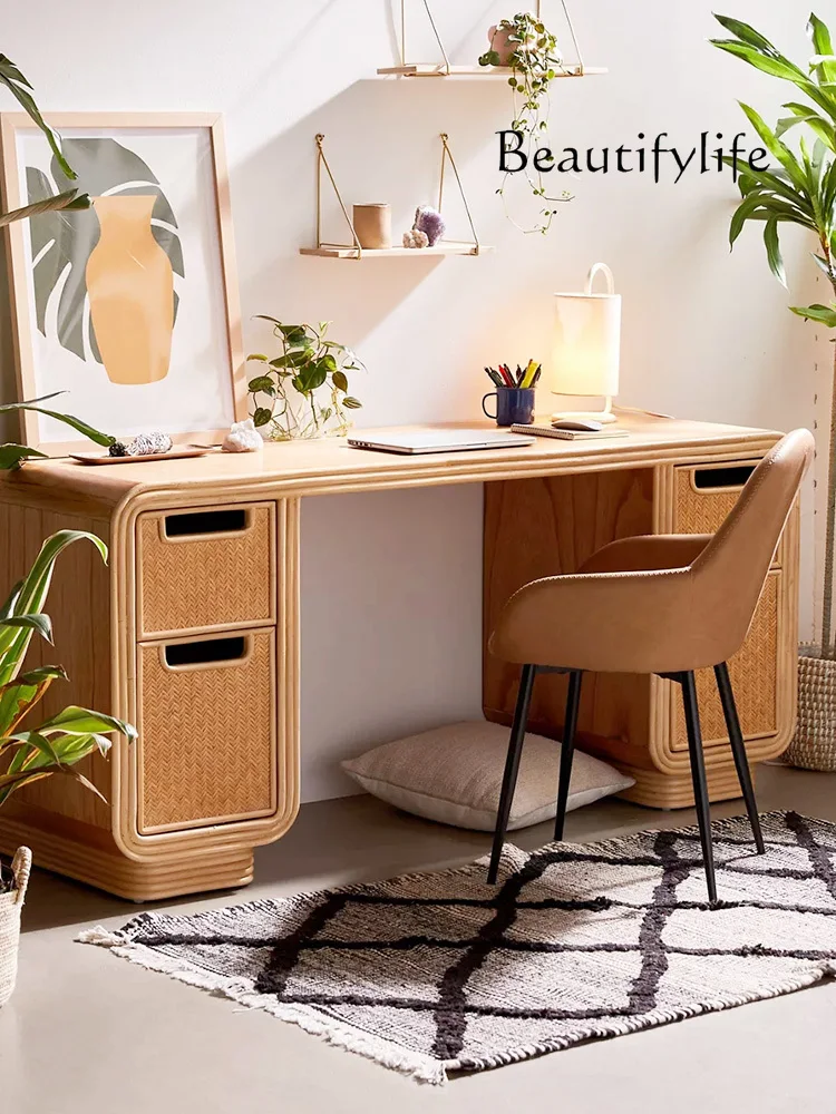 

Nordic Solid Wood Desk Home Chinese Style Rattan Desk