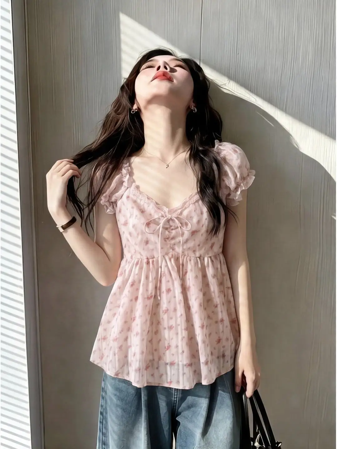 

Sweet Pink Floral Bowknot Loose Short Sleeve Women's Shirt Summer Design Korean Style Breathable Comfortable Doll Top
