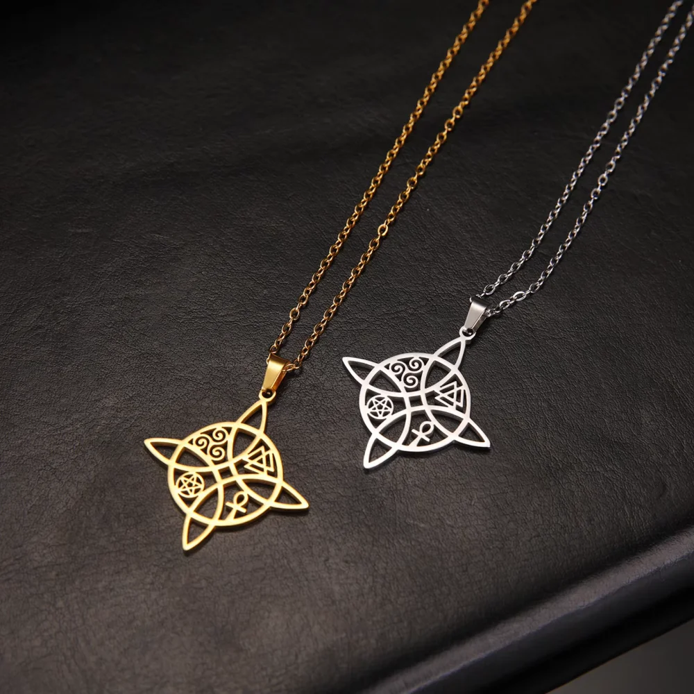 Collar de Nudo de Bruja Skyrim para Mujer, Cadenas de Acero Inoxidable, Amuleto de Joyería con Valknut, Triskelion, Ankh, Cruz y Pentáculo