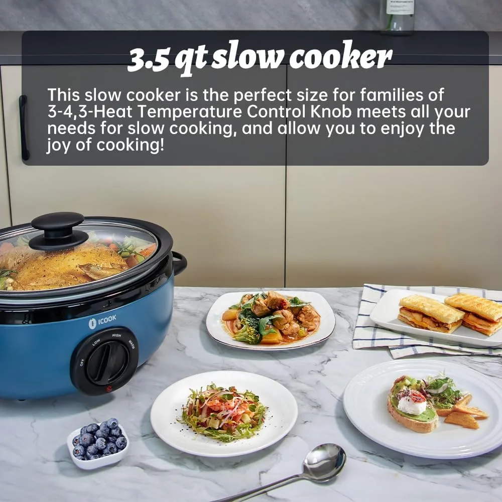 Fogão lento de alumínio com guisado, Fogão Seguro, Máquina de lavar louça, Vidro, 3.5 Quart Slow Cooker, USC-35-OP001BL