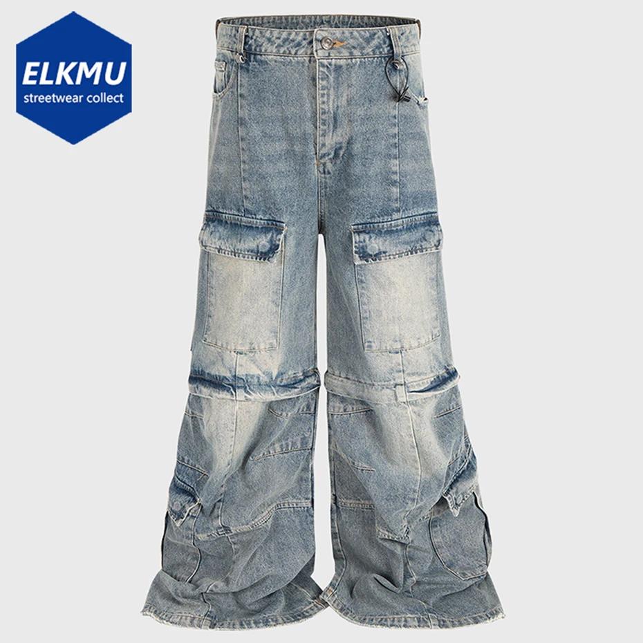 

Vintage Blue Baggy Jeans Multi Pocket Loose Wide Leg Denim Pants Men Streetwear Harajuku Hip Hop Jeans