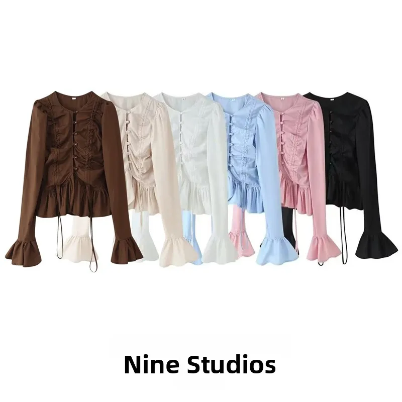 NINE ZAR Women's Slim Fit Long Sleeve Shirt Casual Drawstring Waist Bell Bottoms Six Colors Available round Neck Pure Color