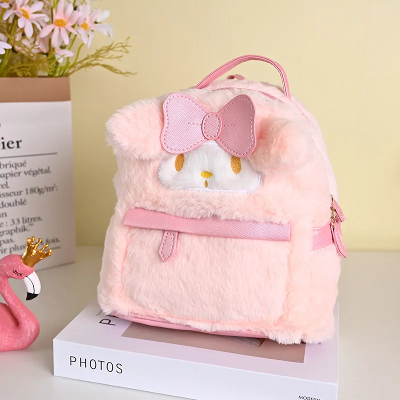 Sanrio Melody Cinnamoroll Plush Pink Mochilas para Mulheres, Mochila dos desenhos animados Kawaii, Mochila Sweet Lolita, Mochila Estudantil Macia Meninas