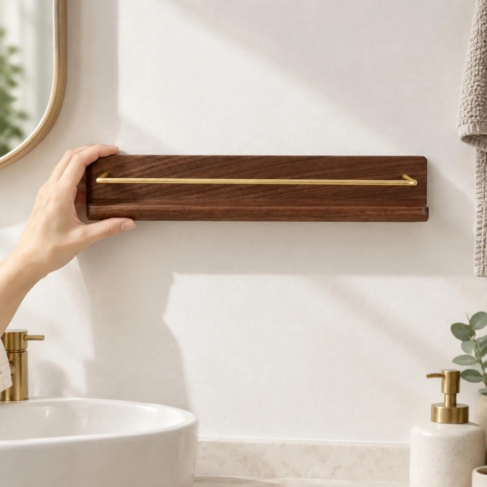 Walnut Wood Wall Rack with Raised Brass Rail for Bathroom Kitchen Entryway Decor Toiletries Cosmetics Small Display Shelf