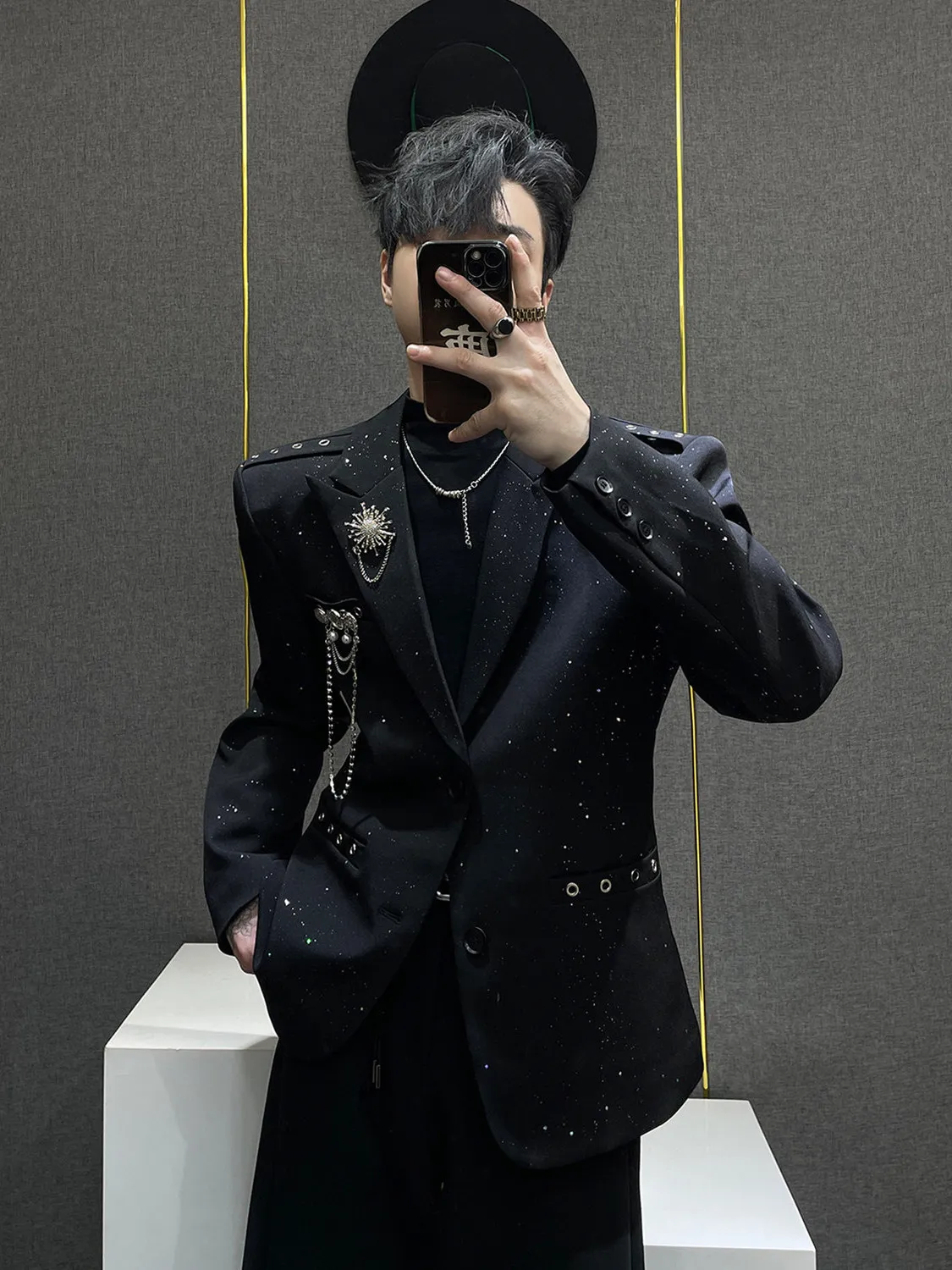 

Men's Loose Fit Tuxedo Jaet Starry Night Club DJ Sle Lapel Pin Hanging Chain Bla Suit Casual Spring Autumn Wear