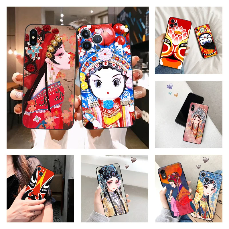 Black Matte Phone Case for iphone 16Pro 15 14 13 12 Mini 11 16 Pro Max 7 8 Plus X XS XR Girl Beijin Opera Face Cute Soft Cover