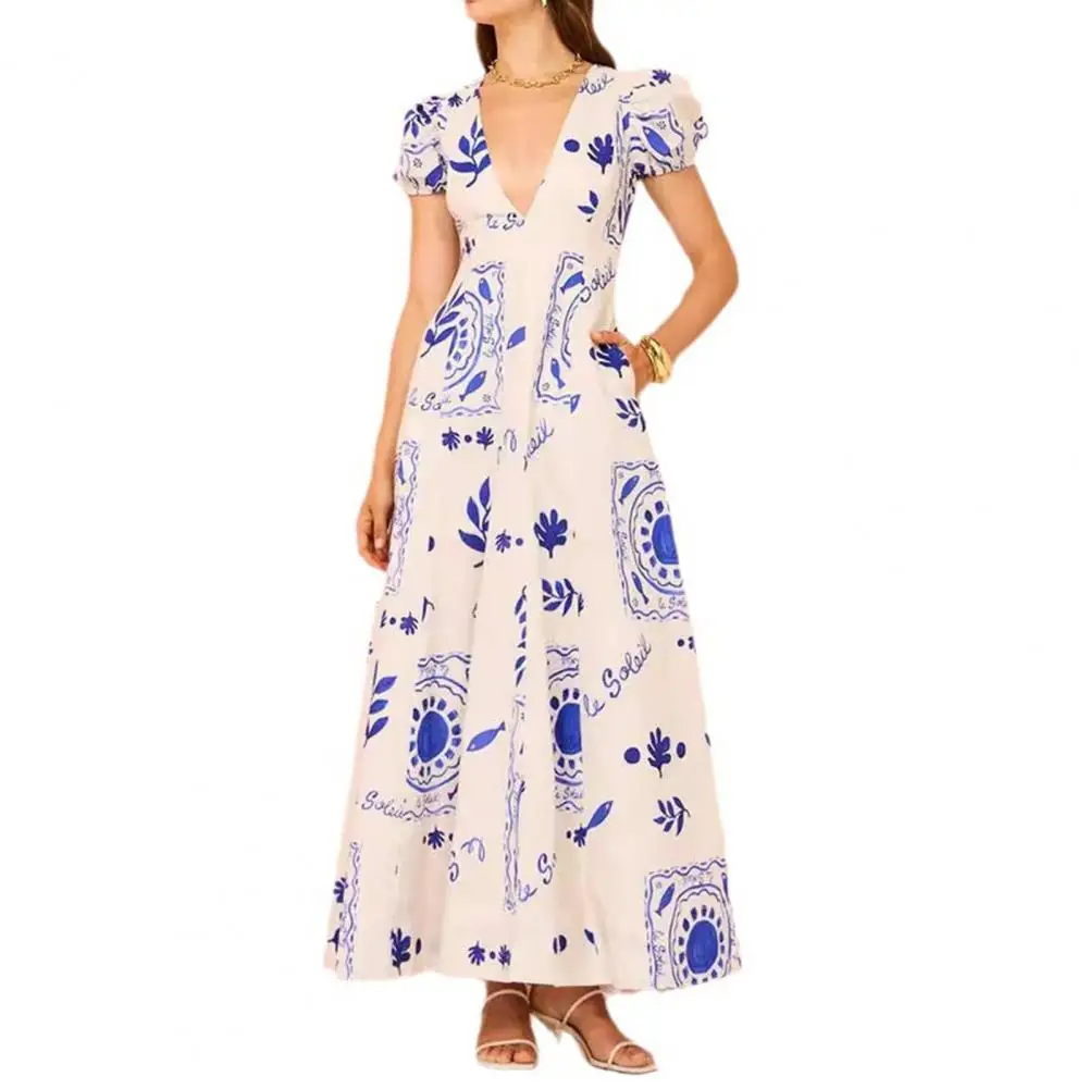 Superbe Robe Maxi Colorée à Ourlet Respiré pour Femme, Col en V, Manches Bulles, Poches Latérales pour les Soirées de Bal, d'Été