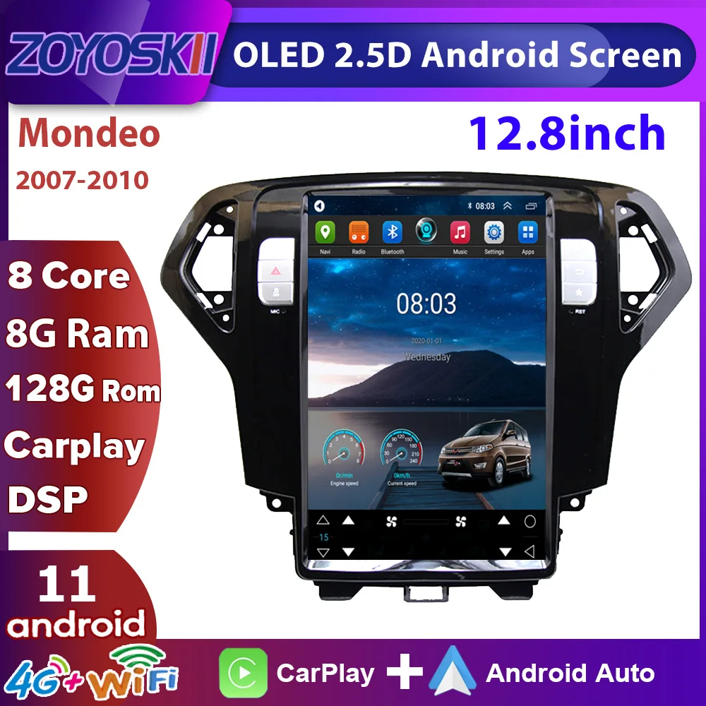 Android 11 12.8 Inch Vertical Screen Tesla Style Car Radio GPS  Carplay Auto Navigation Player For Ford  Mondeo 2007-2010