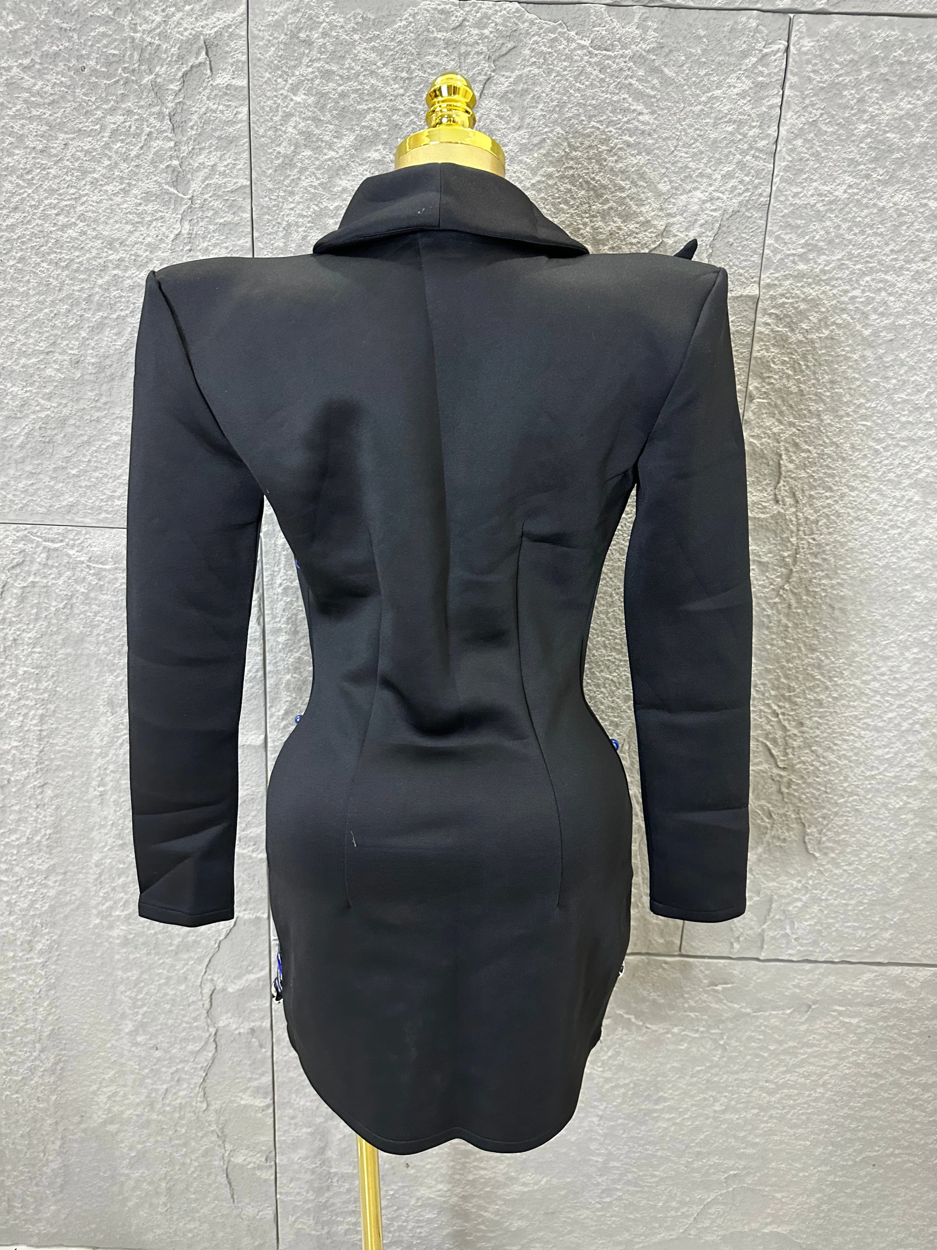 Damen Sexy Blaues Edelstein-Verziertes Fransen-Kleid mit Langen Ärmeln, Figurbetontes Outfit, Bühnenkostüm mit Tiefem V-Ausschnitt, Nachtclub-Kleidung