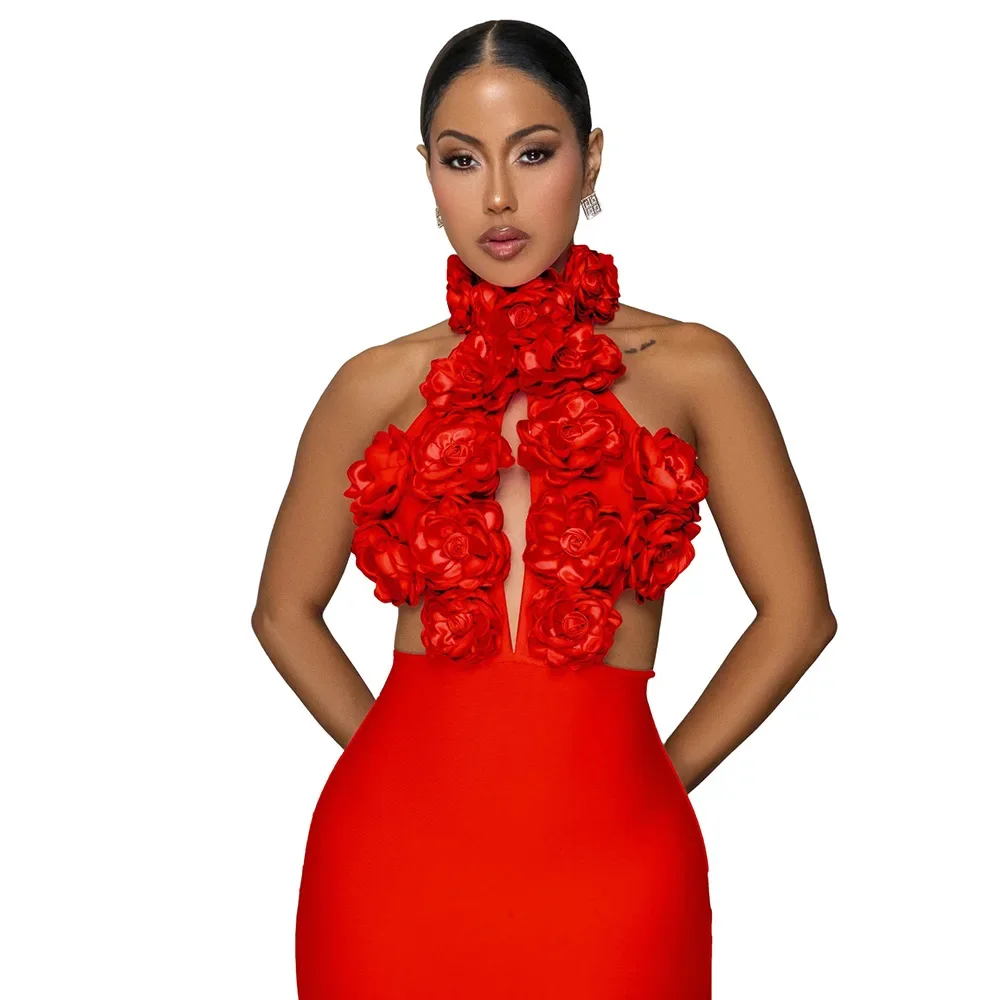 

Beautiful Off Shoulder 3D Flowers Bandage Maxi Dress For Women Glam Backless Fitted Party Dresses Gown Brithday Outfits
