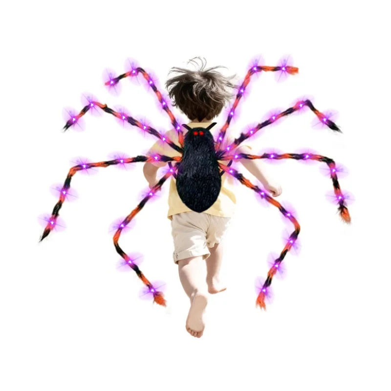 Halloween Light-Up Spider Backpack, Colorful Plush Spider Costume Accessory, Kids Adults Party Candy Bag