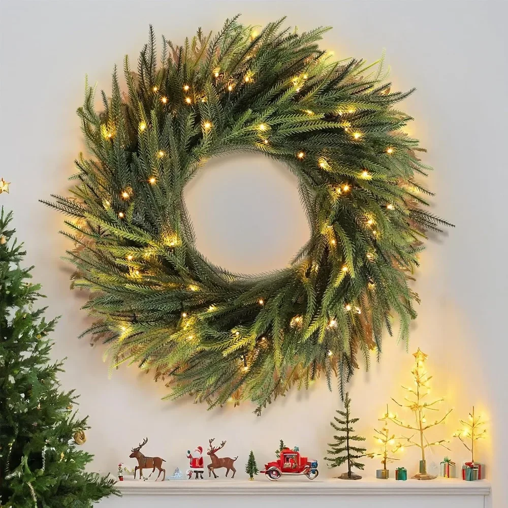 26 Inch Real Touch Norfolk Pine Wreath with LED Light - Perfect Christmas Wreath for Front Door Decoration