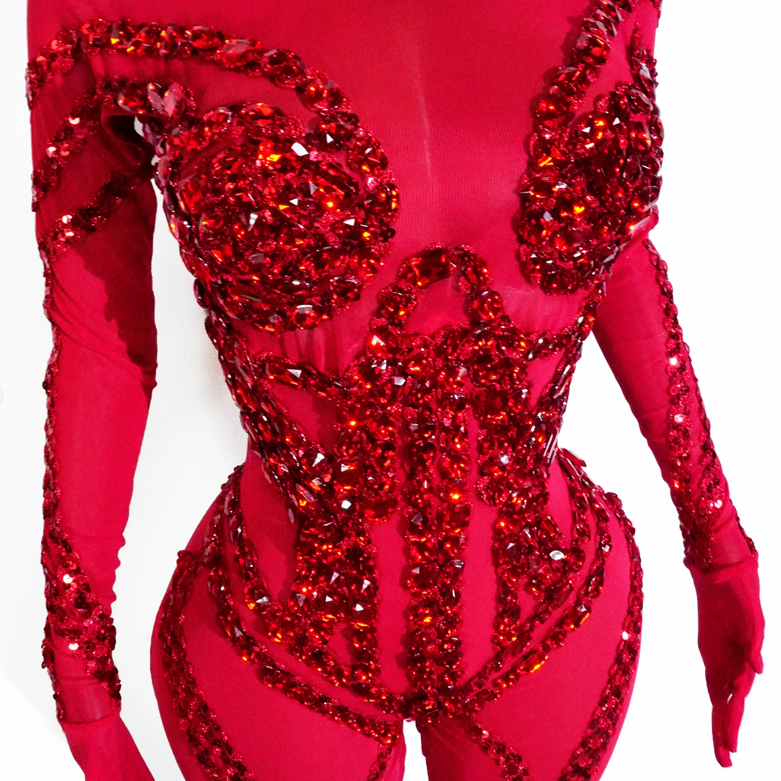 جديد أحمر مثير البريق كامل شبكة كريستال بذلة امرأة فاخرة الترتر جوجو نادي الرقص Dj حفلة عيد ميلاد يوتار سحب الملكة وتتسابق