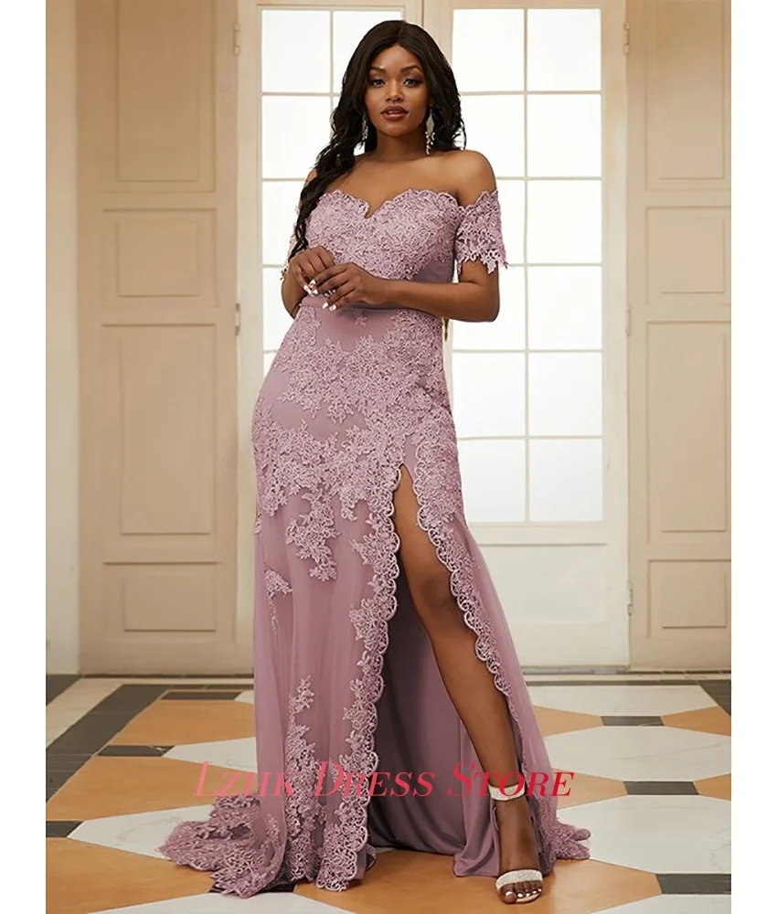 Personalizado temperamento organza sereia fora do ombro apliques vestido de noite sexy mangas curtas querida vestidos de festa