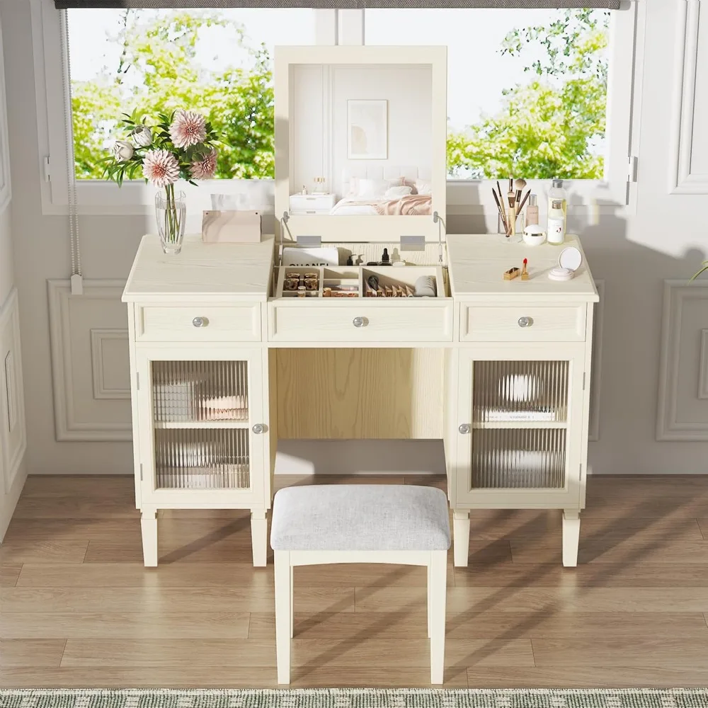 

2-in-1 dressing table with soft cushioned stool and flip mirror, dressing table with 2 drawers, 2 storage cabinets