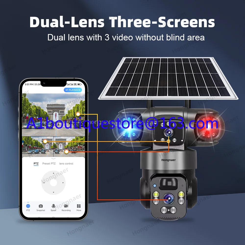 Hongna 8MP 3 Video Wireless Solar PTZ Camera V380 Pro 4k Dual Lens WiFi Outdoor 4g Sim Card CCTV Solar Security Camera