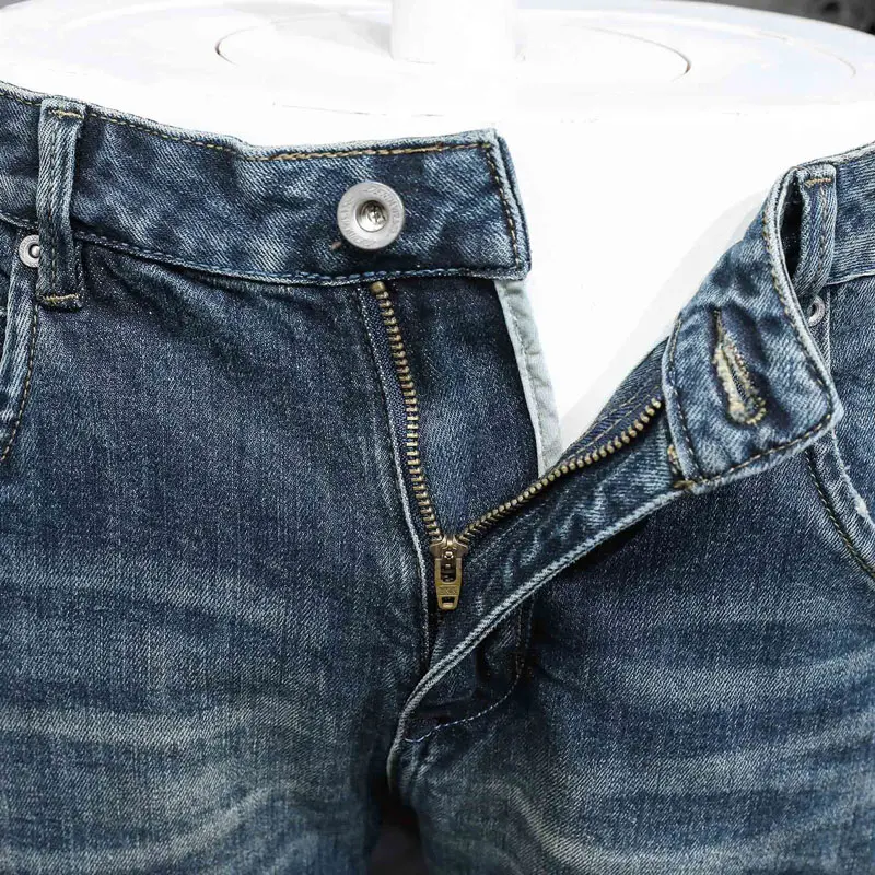 Fashion Designer Men Jeans High Quality Retro Washed Blue Stretch Slim Fit Ripped Jeans Men Spliced Vintage Denim Pants Hombre