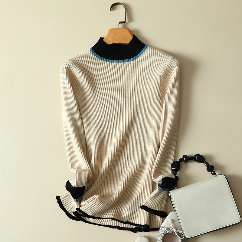 Suéter de punto de retales para mujer, jerséis de manga larga para oficina, elegante, prendas de vestir, abrigos, Tops, 2022