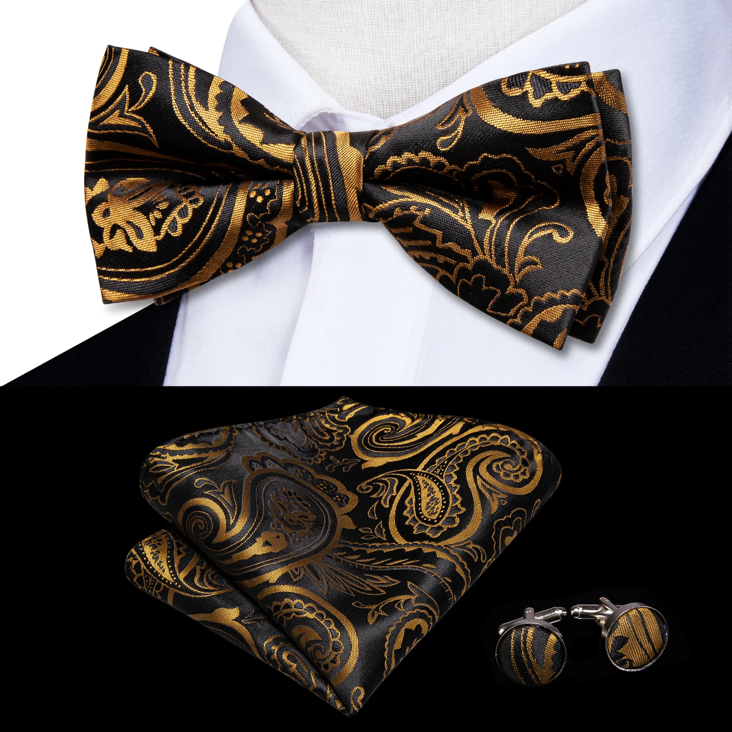 

Hi-Tie Brand Silk Mens Bowtie Hanky Cufflinks Set Black Red Blue Gold Green White Pre-tied Butterfly Knot Bow Tie Wedding Work