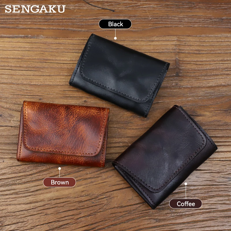 100% Genuine Leather Card Wallet For Men Women Vintage Handmade Short Small Men's Purse Card Holder Coin Pocket Money Bag