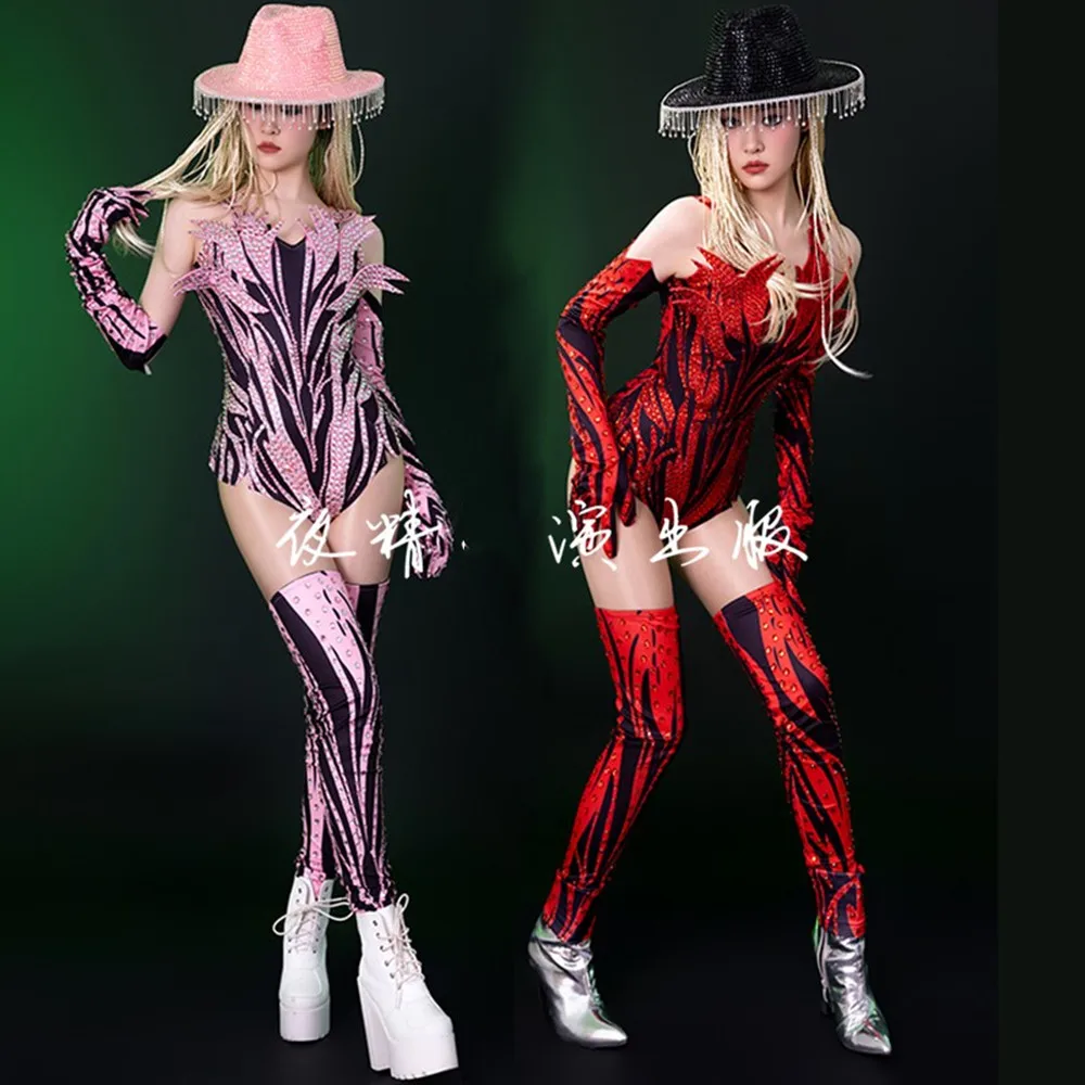 Body con purpurina rosa y rojo con diamantes de imitación, guantes, cubierta para piernas, traje de baile, Festival de Música, espectáculo de cantante, ropa de escenario, disfraz de Drag Queen